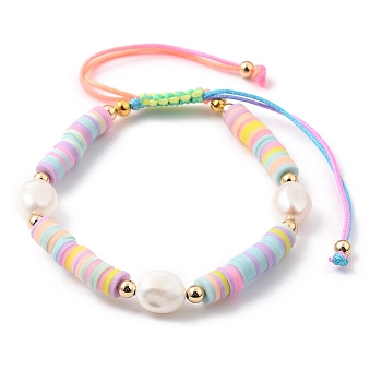 Adjustable Nylon Cord Braided Bead Bracelets, with Polymer Clay Heishi Beads, Natural Baroque Pearl Beads and Brass Beads, Colorful, Inner Diameter: 2-1/8~4-1/8 inch(5.5~10.5cm)