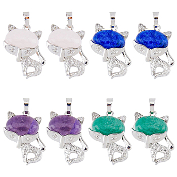 8Pcs 4 Style Natural Gemstone Pendants, with Platinum Plated Brass Findings, Cat Charm, 30.5x25x9mm, Hole: 5x7.5mm