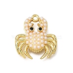 Brass ABS Imitation Pearl Pendants, Crab Charm, Rack Plating, Long-Lasting Plated, Lead Free & Cadmium Free, Real 18K Gold Plated, 19x17.5x4.5mm, Hole: 1.4mm(KK-K427-24G)