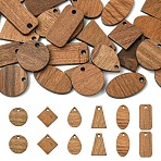 30Pcs 6 Styles Walnut Wood Pendants, Mixed Shape, Camel, 15.5~21x2~3mm, Hole: 1.6~2mm, 5pcs/style(WOOD-YW0001-59)