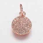Brass Cubic Zirconia Pendants, Cadmium Free & Lead Free, Flat Round Charms, Rose Gold, 10x8x2mm, Hole: 3mm(ZIRC-K070-21RG)
