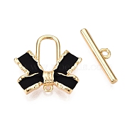 Brass Matte Style Spray Painted Toggle Clasps, Bowknot, Real 18K Gold Plated, 16x17x3.5mm, Hole: 1.2mm, Bar: 4.5x16.5x2mm, Hole: 1.5mm(KK-N054-155G-1)