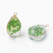 Inner Flower Glass Pendants, with Long-Lasting Plated Brass Findings, Nickel Free, teardrop, Real 18K Gold Plated, Lime Green, 21.5~22.5x13~14.5x8~9mm, Hole: 1.8mm(GLAA-K036-C01-NF)