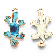 Alloy Enamel Pendants, Light Gold, Gecko Charm, Dark Turquoise, 27x14.5x1.5mm, Hole: 1.6mm(ENAM-N056-180-01)
