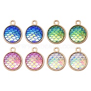 8Pcs 4 Colors Alloy Resin Pendants, AB Color, Flat Round Charms with Scales Pattern, Golden, Mixed Color, 17x13.7x4mm, Hole: 1.8mm, 2pcs/color(FIND-YW0003-76)