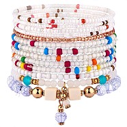 11Pcs Boho Seed Beads Stretch Bracelets Set, Multilayered Stackable Bracelets, Colorful Beaded Charm Surfer Bracelets for Women, White, Inner Diameter: 1-3/4~2-1/8 inch(4.5~5.5cm)(JB737A)