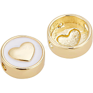 Brass Enamel Beads, Long-Lasting Plated, Flat Round with Heart, White, Real 18K Gold Plated, 11x5mm, Hole: 1.8mm, 10pcs/box(KK-BC0004-57)