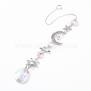 AB Color Plated Crystal Teardrop Big Pendant Decorations, Hanging Sun Catchers, with Iron Findings & Alloy Pendants, Moon & Star & Sun, Clear AB, 365mm, Pendant: 210x35x10mm(HJEW-G019-03E)