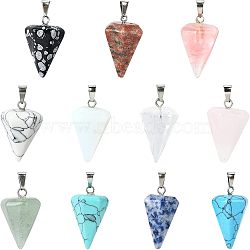 11pcs 11 style Cone/Spike/Pendulum Natural & Synthetic Gemstone Pendants, with Platinum Plated Iron Findings, 25~27x14x14mm, Hole: 6x3mm, 1pc/style(G-NB0003-05)