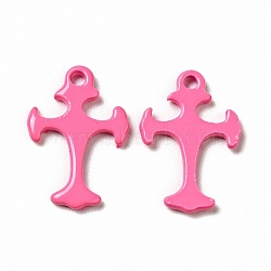 Spray Painted 201 Stainless Steel Charms, Cross Charms, Hot Pink, 14x9.5x1mm, Hole: 1.2mm(STAS-G304-26E)