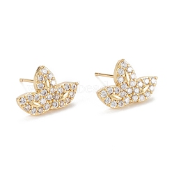 Leaf Sparkling Cubic Zirconia Stud Earrings for Girl Women, Lead Free & Nickel Free & Cadmium Free, Brass Micro Pave Cubic Zirconia Earrings, Real 18K Gold Plated, 10.5x15mm, Pin: 0.7mm(EJEW-H126-23G)