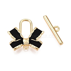 Brass Matte Style Spray Painted Toggle Clasps, Bowknot, Real 18K Gold Plated, 16x17x3.5mm, Hole: 1.2mm, Bar: 4.5x16.5x2mm, Hole: 1.5mm(KK-N054-155G-1)