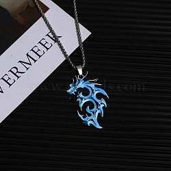 Stainless Steel Box Chain Necklaces, Luminous Dragon Flame Pandant Necklace, Light Blue, 23.62 inch(60cm)(FS-WG27931-02)