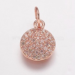 Brass Cubic Zirconia Pendants, Cadmium Free & Lead Free, Flat Round Charms, Rose Gold, 10x8x2mm, Hole: 3mm(ZIRC-K070-21RG)