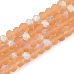 Transparent Glass Beads Strands, Faceted, Frosted, Half AB Color Plated, Rondelle, PeachPuff, 6x4.5mm, Hole: 1.4mm, about 84~85pcs/strand, 41.5~42cm(EGLA-A044-T6mm-MB23)