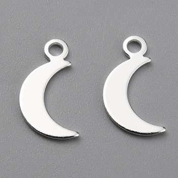 Brass Charms, Long-Lasting Plated, Moon, 925 Sterling Silver Plated, 10.5x5.5x0.5mm, Hole: 1.4mm