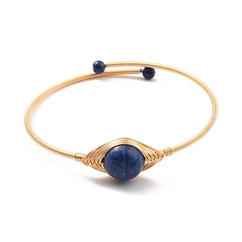 Natural Lapis Lazuli Wrapped Cuff Bangle, Golden Brass Torque Bangle for Women, Lead Free & Cadmium Free, Inner Diameter: 2-1/4 inch(5.8cm)
