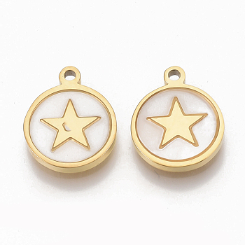 304 Stainless Steel Pentacle Charms, with Shell, Flat Round with Star, Golden, 12x10x1.5mm, Hole: 1.2mm