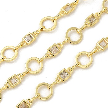 Rack Plating Brass Glass Link Chains, Long-Lasting Plated, Unwelded, Square with Ring, Real 18K Gold Plated, 7~8x4~7x1~1.5mm