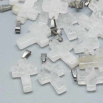 Natural Quartz Crystal Pendants, Rock Crystal Pendants, with Stainless Steel Snap On Bails, Cross, 29~30x18~19x5~6mm, Hole: 6x4mm