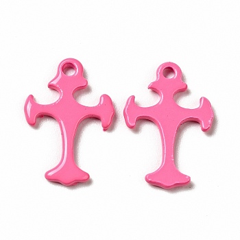 Spray Painted 201 Stainless Steel Charms, Cross Charms, Hot Pink, 14x9.5x1mm, Hole: 1.2mm