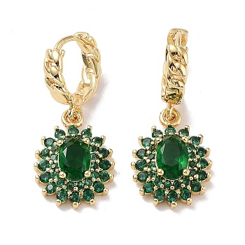 Real 18K Gold Plated Brass Dangle Hoop Earrings, with Cubic Zirconia and Glass, Oval, Green, 29.5x12.5mm