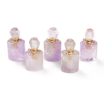Natural Amethyst Pendants, Openable Perfume Bottle, with Golden Tone Brass Findings, 33~35x17~19x11~13mm, Hole: 2mm, capacity: 1ml(0.03 fl. oz)