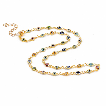 Brass Evil Eye Lampwork Link Chain Necklaces, with 304 Stainless Steel Lobster Claw Clasps, Golden, 16.25 inch(41.3cm)