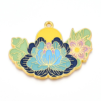 Rack Plating Alloy Enamel Big Pendants, Cadmium Free & Nickel Free & Lead Free, Flower Charms, Golden, Yellow, 41x54x2mm, Hole: 2.5mm