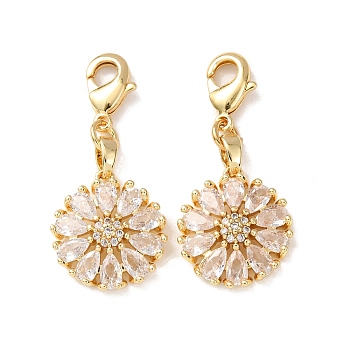 Flower Brass Micro Pave Clear Cubic Zirconia Pendant Decorations, with Lobster Clasp, Rack Plating, Long-Lasting Plated, Cadmium Free & Lead Free, Golden, 36mm