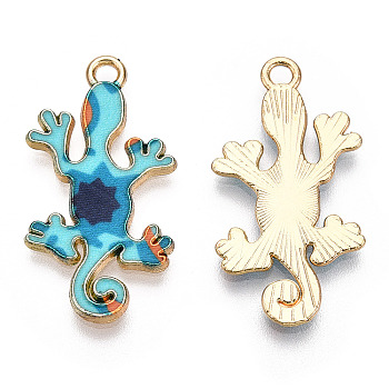 Alloy Enamel Pendants, Light Gold, Gecko Charm, Dark Turquoise, 27x14.5x1.5mm, Hole: 1.6mm