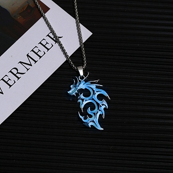 Stainless Steel Box Chain Necklaces, Luminous Dragon Flame Pandant Necklace, Light Blue, 23.62 inch(60cm)