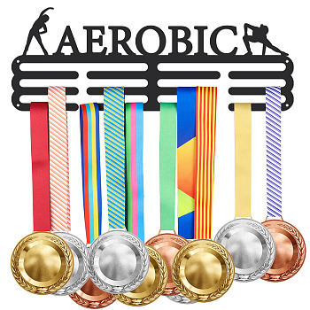 Iron Medal Holder Frame, Medals Display Hanger Rack, 3 Lines, with Screws, Rectangle with Word Aerobic, Sports Themed Pattern, 150x400mm