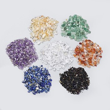 350g 7 Colors Chakra Stone Kits, Natural Lapis Lazuli & Green Aventurine & Citrine & Obsidian & Carnelian & Amethyst & Crystal Beads, No Hole/Undrilled, Chips, 5~19x1~5mm