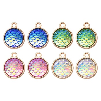 8Pcs 4 Colors Alloy Resin Pendants, AB Color, Flat Round Charms with Scales Pattern, Golden, Mixed Color, 17x13.7x4mm, Hole: 1.8mm, 2pcs/color