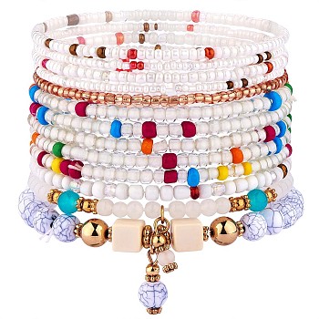 11Pcs Boho Seed Beads Stretch Bracelets Set, Multilayered Stackable Bracelets, Colorful Beaded Charm Surfer Bracelets for Women, White, Inner Diameter: 1-3/4~2-1/8 inch(4.5~5.5cm)