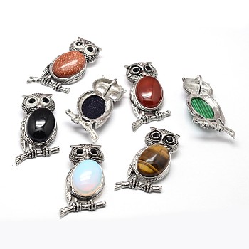 Owl Antique Silver Zinc Alloy Natural & Synthetic Mixed Stone Rhinestone Big Pendants, Nickel Free & Lead Free, 54x29x10mm, Hole: 7x11mm