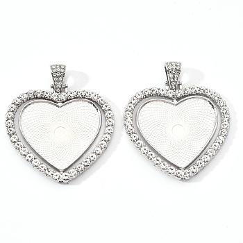 Alloy Pendant Cabochon Settings, with Crystal Rhinestone, Cadmium Free & Lead Free, Double-sided Tray, Heart, Platinum, Tray: 26.5x32.5mm, 42.5x45.5x3mm, Hole: 9.5x5mm