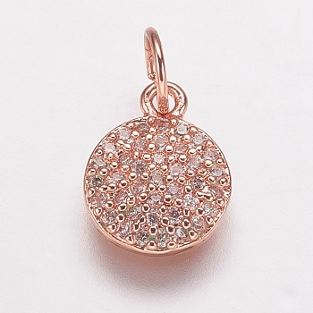 Brass Cubic Zirconia Pendants, Flat Round Charms, Rose Gold, 10x8x2mm, Hole: 3mm