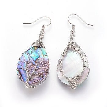 Abalone Shell/Paua Shell Teardrop with Tree of Life Dangle Earrings, Brass Wire Wrapped Drop Earrings for Women, Platinum, 54.5~56mm, Pin: 0.8mm