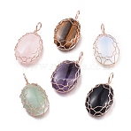 Mixed Gemstones Pendants, Wire Wrapped Pendants, with Rose Gold Plated Brass Wire, Oval, 42.5x23x10mm, Hole: 5x7mm(G-K305-B-RG)