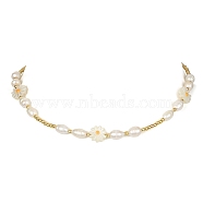 Shell Pearl Flower & Alloy Round Beaded Necklace, Golden, 16.30 inch(41.4cm)(NJEW-TA00128)
