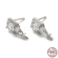 Rhodium Plated 925 Sterling Silver Micro Pave Cubic Zirconia Stud Earring Findings, for Half Drilled Beads, Square, with S925 Stamp, Real Platinum Plated, 14x6mm, Pin: 0.9mm and 10.5x0.9mm(STER-P056-05P)