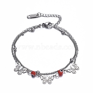 304 Stainless Steel Multi-strand Bracelets, with Round Lampwork Beads and Lobster Claw Clasps, Butterfly, Stainless Steel Color, 6-3/4 inch(17cm)(STAS-D152-18P)
