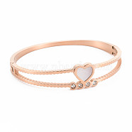 Natural Shell Heart Bangle with Rhinestone, Stainless Steel Hinged Bangle for Women, Rose Gold, Inner Diameter: 2x2-1/4 inch(5x5.7cm)(BJEW-N017-008RG)