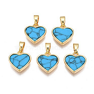 Real 18K Gold Plated Brass Pendants, with Synthetic Turquoise Cabochons, Cadmium Free & Nickel Free & Lead Free, Heart, Turquoise, 12x11.5x3mm, Hole: 2.5x5mm(KK-N233-169A-03C)