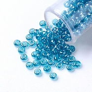 12/0 Grade A Round Glass Seed Beads, Transparent Colours Lustered, Light Sea Green, 2x1.5mm, Hole: 0.3mm(X-SEED-Q011-F521)