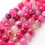 Natural Striped Agate/Banded Agate Beads Strands, Round, Dyed & Heated, Deep Pink, 8mm, Hole: 1mm, about 48pcs/strand, 14.1 inch(G-D845-01C-8mm)