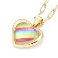 Rainbow Color Pride Necklace, Glass Heart Pendant Necklace with Alloy Paperclip Chain for Women, Golden, 18.5 inch (47cm)(NJEW-H160-01G)