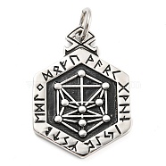 316L Surgical Stainless Steel Pendants, with Jump Ring, Hexagon with Viking Rune Charm, Antique Silver, 43.5x31x3mm(STAS-D012-04AS)